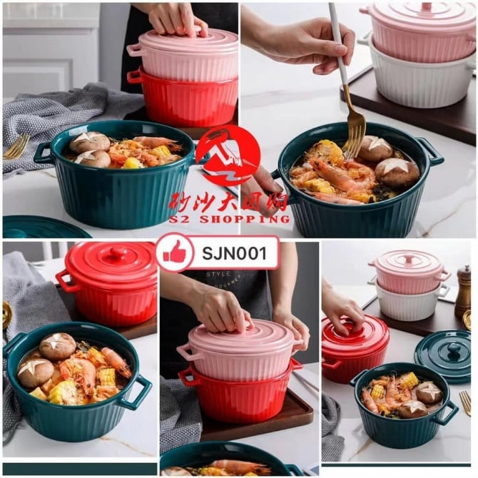SJN001 ~ 陶瓷带盖双耳大汤碗1L Ceramic Soup Bowl with Lid and Double Handles 1L