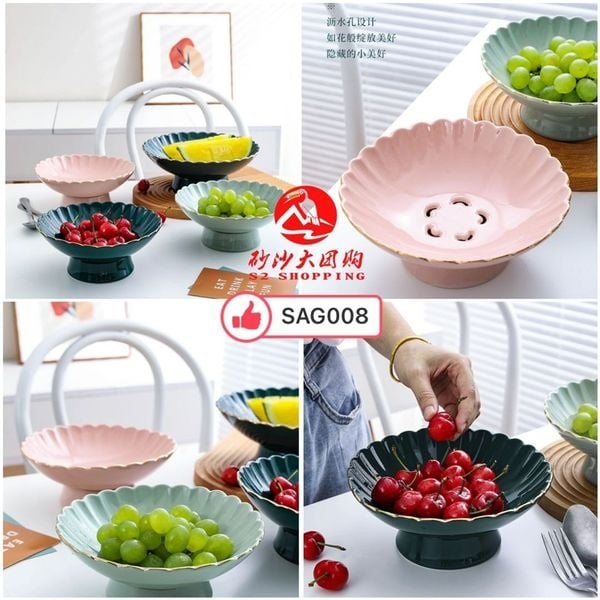 SAG008 ~ 北欧风陶瓷高脚沥水果盘 Nordic Ceramic Drain Fruit Bowl